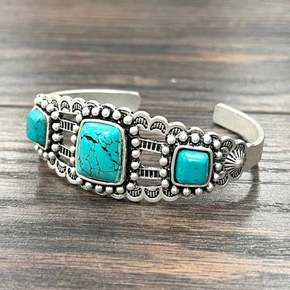Turquoise Square Concho Cuff Bracelet Western Boho Silver Tone Statement Rodeo